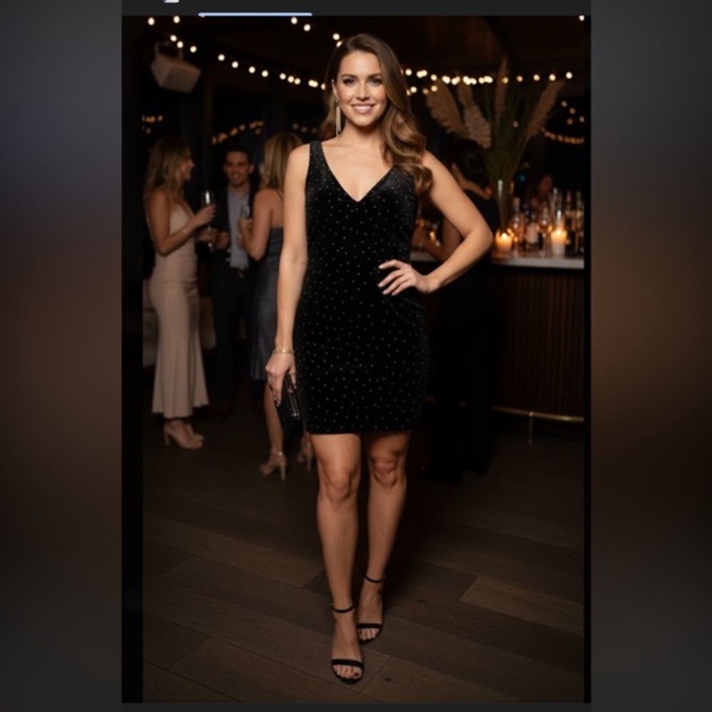 Crystal Doll Black Mini Dress with Gold Dots